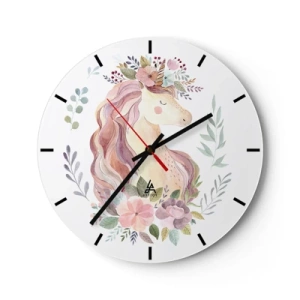 Nástěnné hodiny - Akvarelová hlava jednorožce s květinovou korunou - 30x30cm - Pozvánka do říše pohádek - Moderní nástěnná dekorace do obývacího pokoje, kuchyně a ložnice ARTTOR
