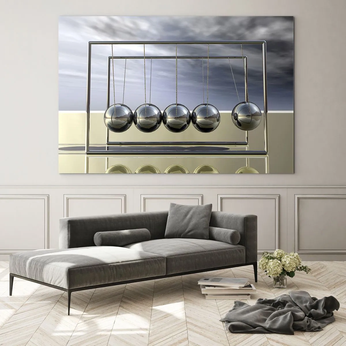 Obraz na skle - Newtonovy koule v minimalistickém přístupu - 70x50cm - Energie světa - Moderní nástěnná dekorace do obývacího pokoje a ložnice ARTTOR