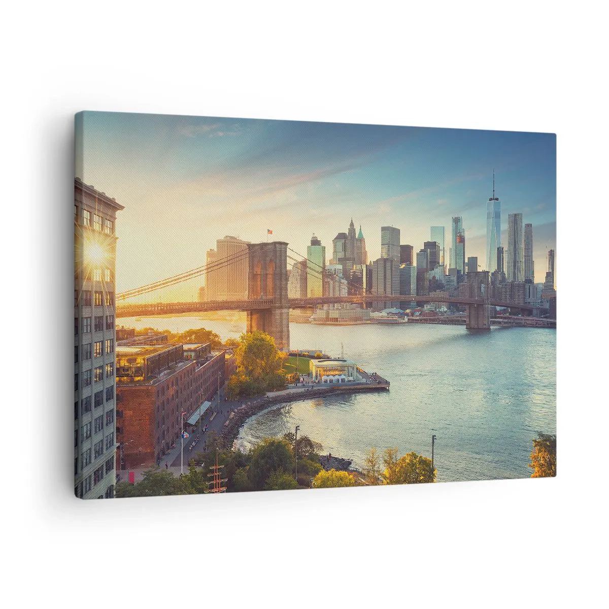 Obraz na plátně - Panorama města s mostem při západu slunce - 70x50cm - Svítání velkoměsta - Moderní nástěnná dekorace do obývacího pokoje a ložnice ARTTOR