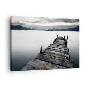Obraz na plátně - Dřevěný most vedoucí k klidnému jezeru - 70x50cm - Ponořit se do klidu - Moderní nástěnná dekorace do obývacího pokoje a ložnice ARTTOR