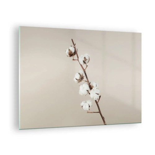 Obraz na skle - Větvička bavlny na světlém, minimalistickém pozadí - 70x50cm - U zdroje měkkosti - Moderní nástěnná dekorace do obývacího pokoje a ložnice ARTTOR