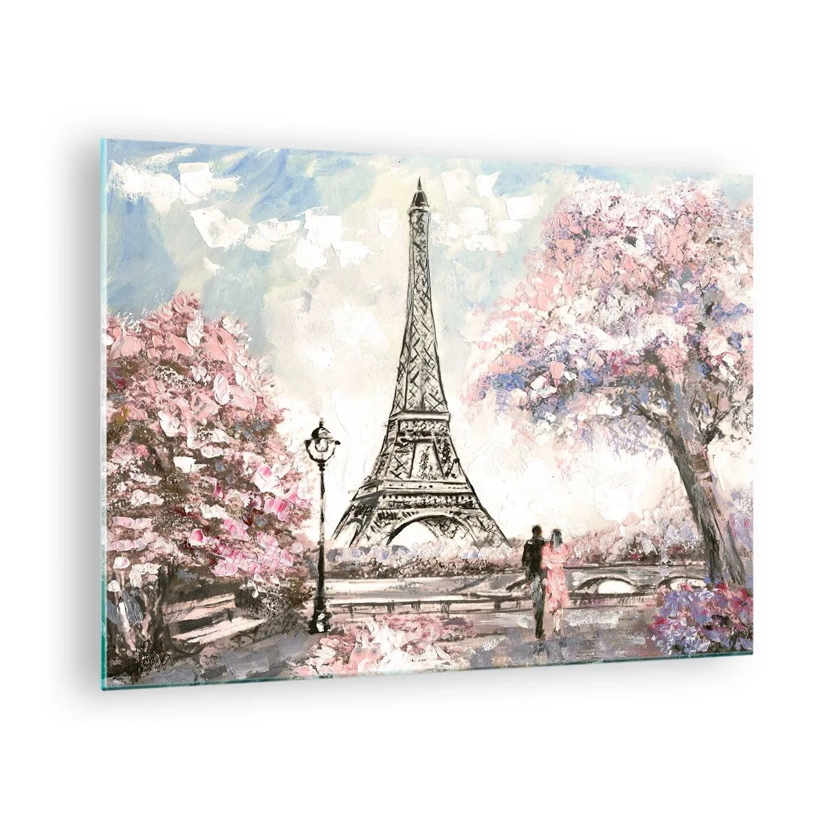 Obraz na skle - Ilustrace Eiffelovy věže v jarním prostředí - 70x50cm - Dubnová procházka Paříží - Moderní nástěnná dekorace do obývacího pokoje a ložnice ARTTOR