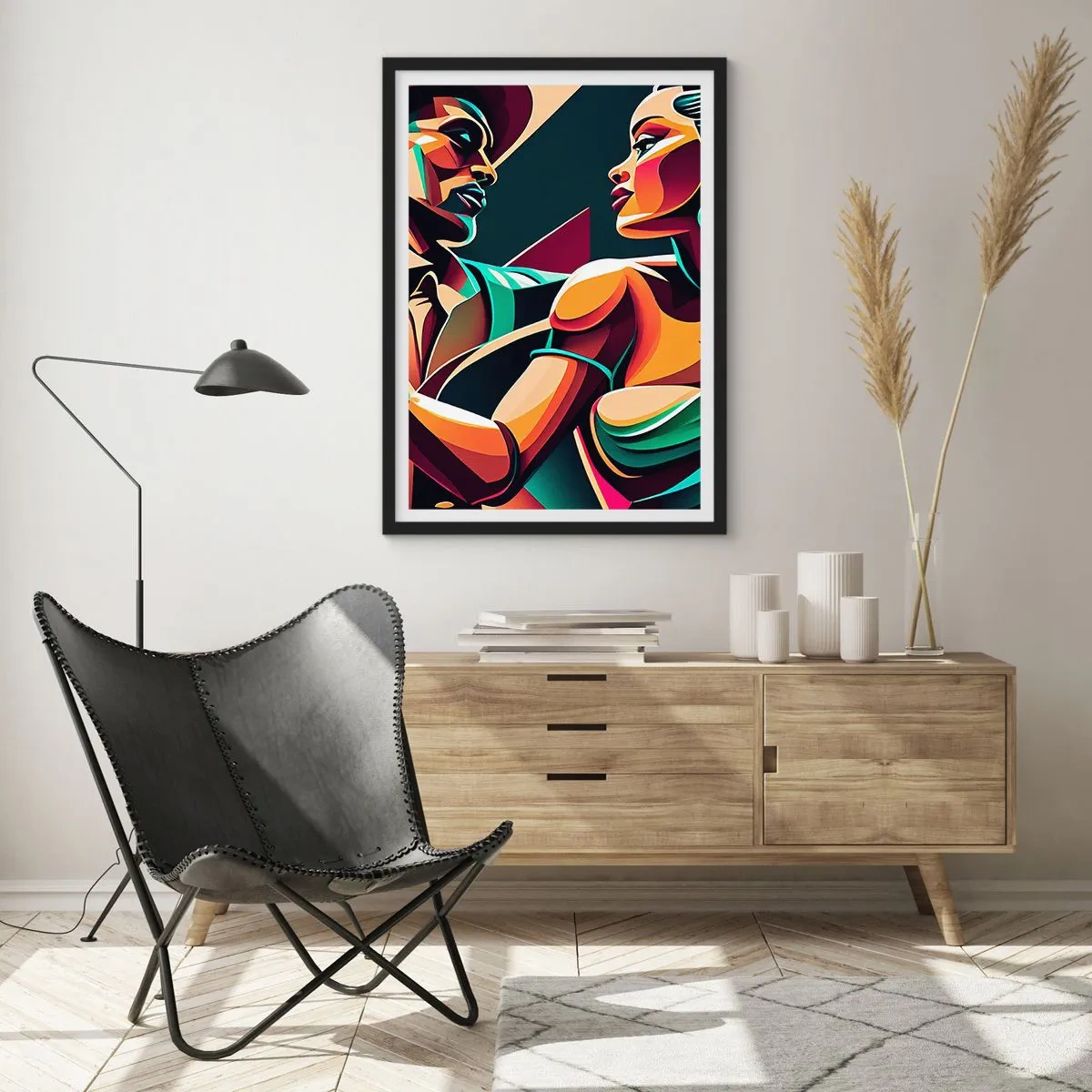 Plakát v černém rámu - Barevné ilustrace páru tančícího tango ve stylu pop art - 50x70cm - V rytmu srdce - Moderní nástěnná dekorace do obývacího pokoje a ložnice ARTTOR
