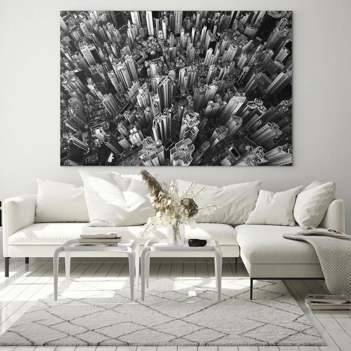 Obraz na skle - Černobílý pohled na město z ptačí perspektivy - 70x50cm - Stále výš a výš - Moderní nástěnná dekorace do obývacího pokoje a ložnice ARTTOR