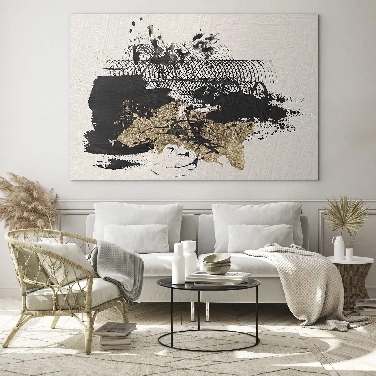 Obraz na skle - Abstraktní kompozice v černé a zlaté barvě na světlém pozadí - 70x50cm - Kompozice s vášní - Moderní nástěnná dekorace do obývacího pokoje a ložnice ARTTOR