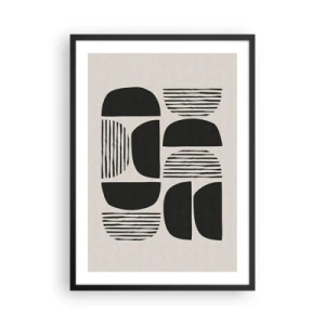 Plakát v černém rámu - Geometrická abstrakce s černými tvary a čarami - 50x70cm - Polovičaté soustavy - Moderní nástěnná dekorace do obývacího pokoje a ložnice ARTTOR