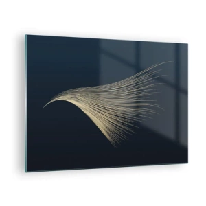 Obraz na skle - Zlatá čára připomínající křídlo na tmavě modrém pozadí - 70x50cm - Jako andělské vlasy - Moderní nástěnná dekorace do obývacího pokoje a ložnice ARTTOR
