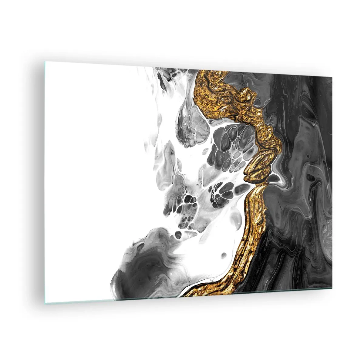 Obraz na skle - Abstraktní kompozice černé, bílé a zlaté - 70x50cm - Organická kompozice - Moderní nástěnná dekorace do obývacího pokoje a ložnice ARTTOR