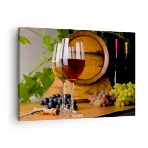 Obraz na plátně - Sklenice vína s hrozny, sud a lahve na dřevěném stole - 70x50cm - Jako u starých mistrů - Moderní nástěnná dekorace do obývacího pokoje a ložnice ARTTOR