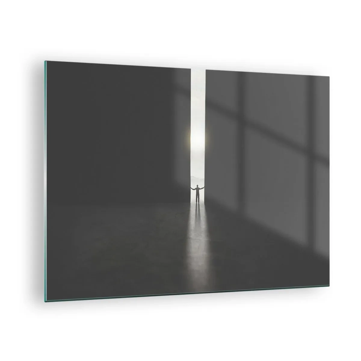 Obraz na skle - Silueta muže otevírajícího dveře do jasného světla - 70x50cm - Krok ke světlé budoucnosti - Moderní nástěnná dekorace do obývacího pokoje a ložnice ARTTOR
