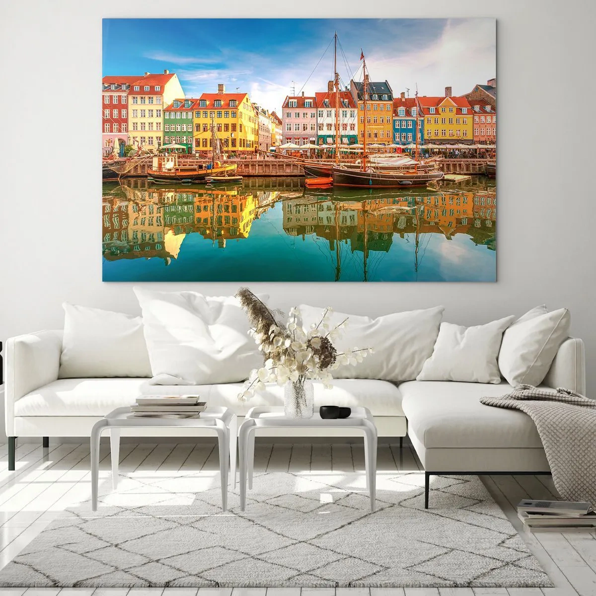 Obraz na skle - Barevné domy na kanálu s odrazy ve vodě - 70x50cm - U vody hladké jako zrcadlo - Moderní nástěnná dekorace do obývacího pokoje a ložnice ARTTOR