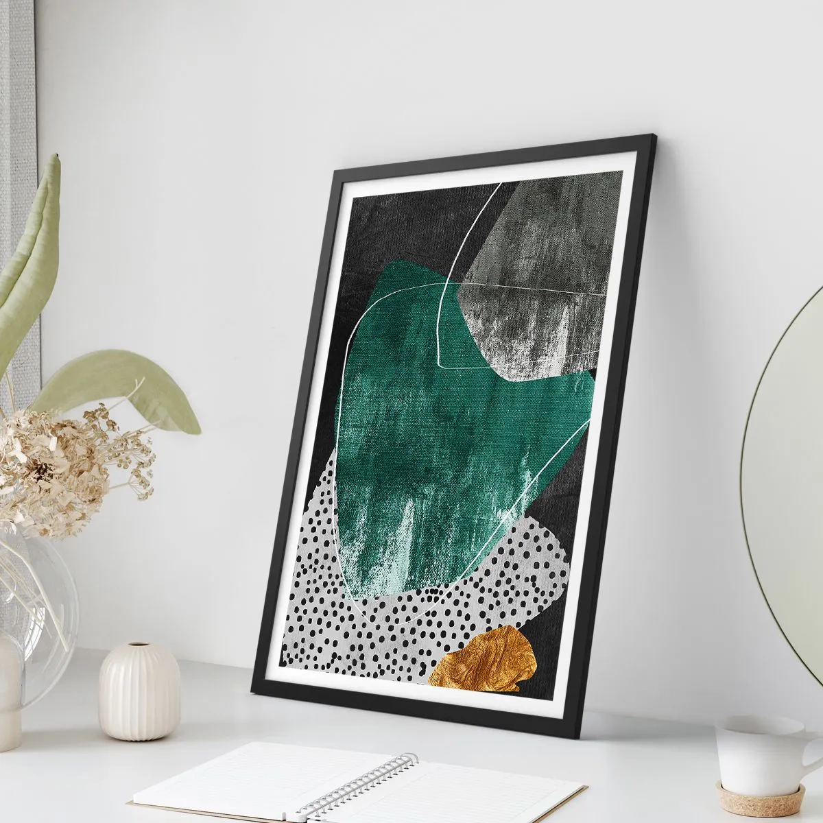 Plakát v černém rámu - Barevná abstrakce se zlatou vločkou - 50x70 cm