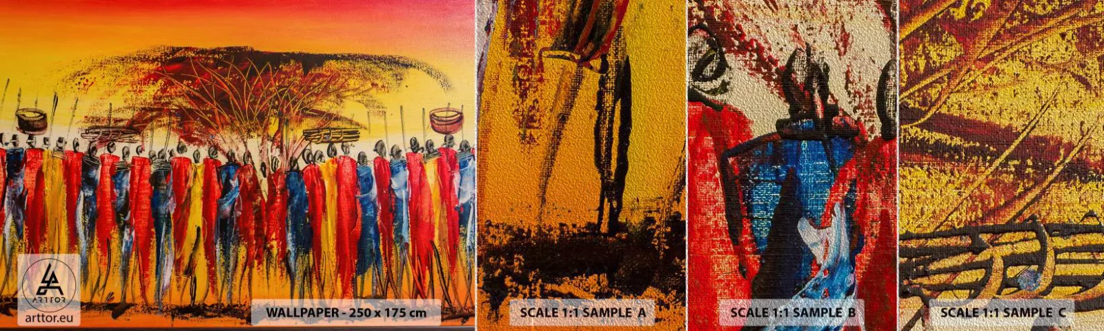 Vzor Fototapety Premium Sand - Tam, tam, tam, tam jdou - Kus, Lidé, Afrika - 100x30 cm