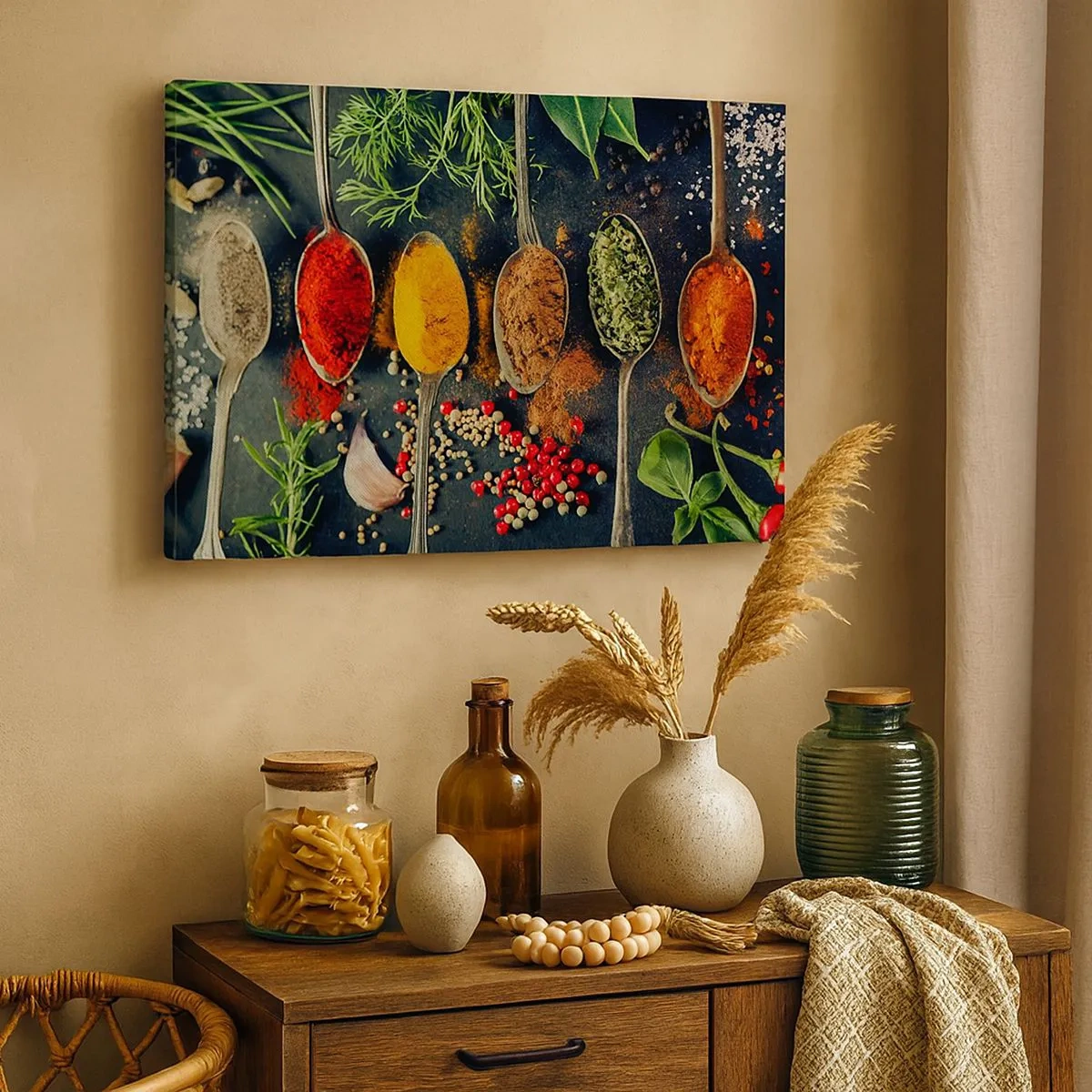 Obraz na plátně - Barevné koření na lžičkách s bylinkami v pozadí - 70x50cm - Kulinářská magie - Moderní nástěnná dekorace do obývacího pokoje a ložnice ARTTOR