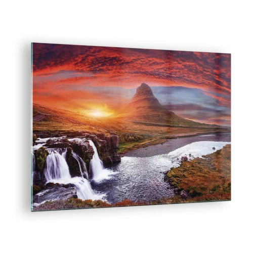 Obraz na skle - Horská krajina s vodopádem a západem slunce - 70x50cm - Pohled na Středozem - Moderní nástěnná dekorace do obývacího pokoje a ložnice ARTTOR