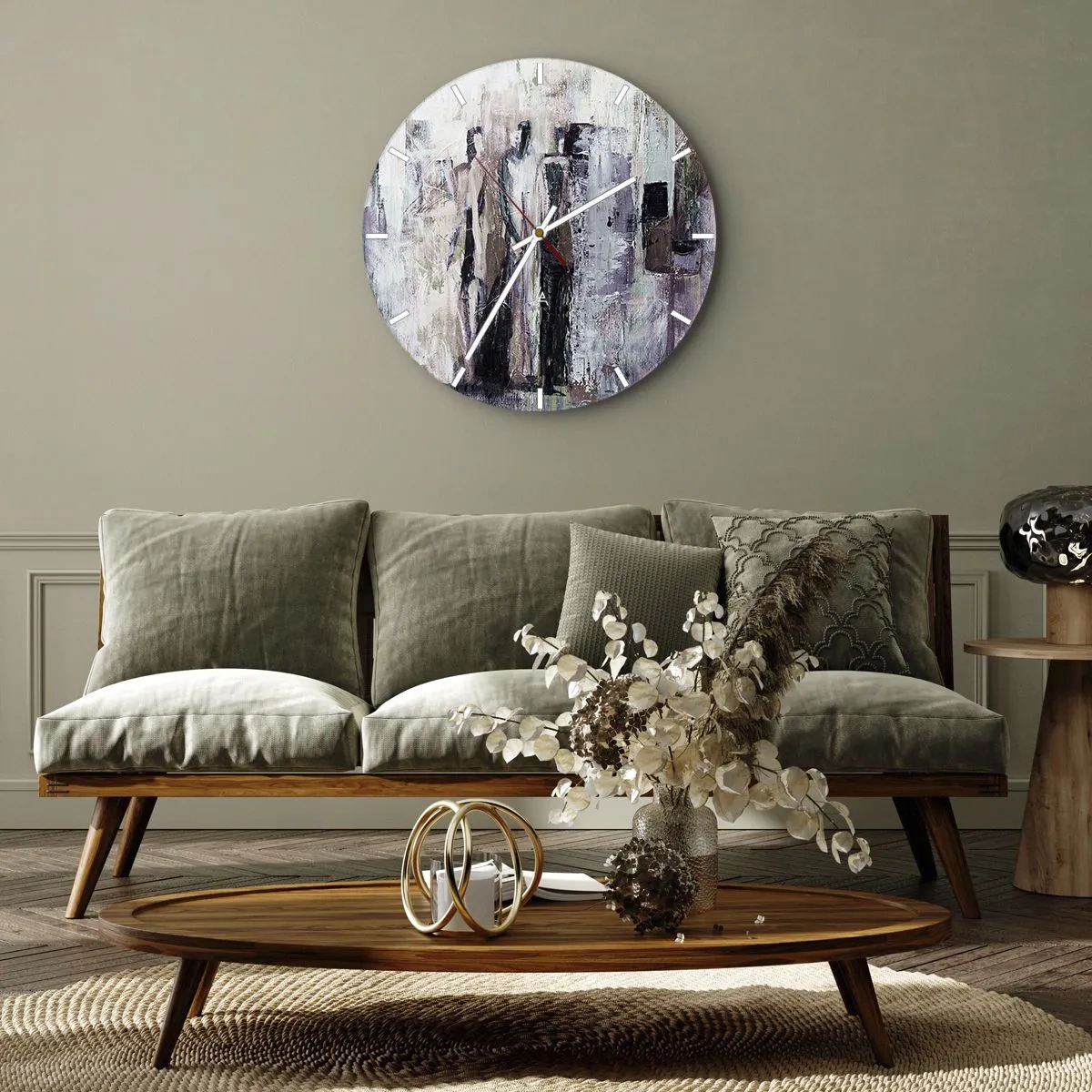 Nástěnné hodiny - Abstraktní postavy v tlumených barevných paletách - 30x30cm - Tajemná trojice - Moderní nástěnná dekorace do obývacího pokoje, kuchyně a ložnice ARTTOR