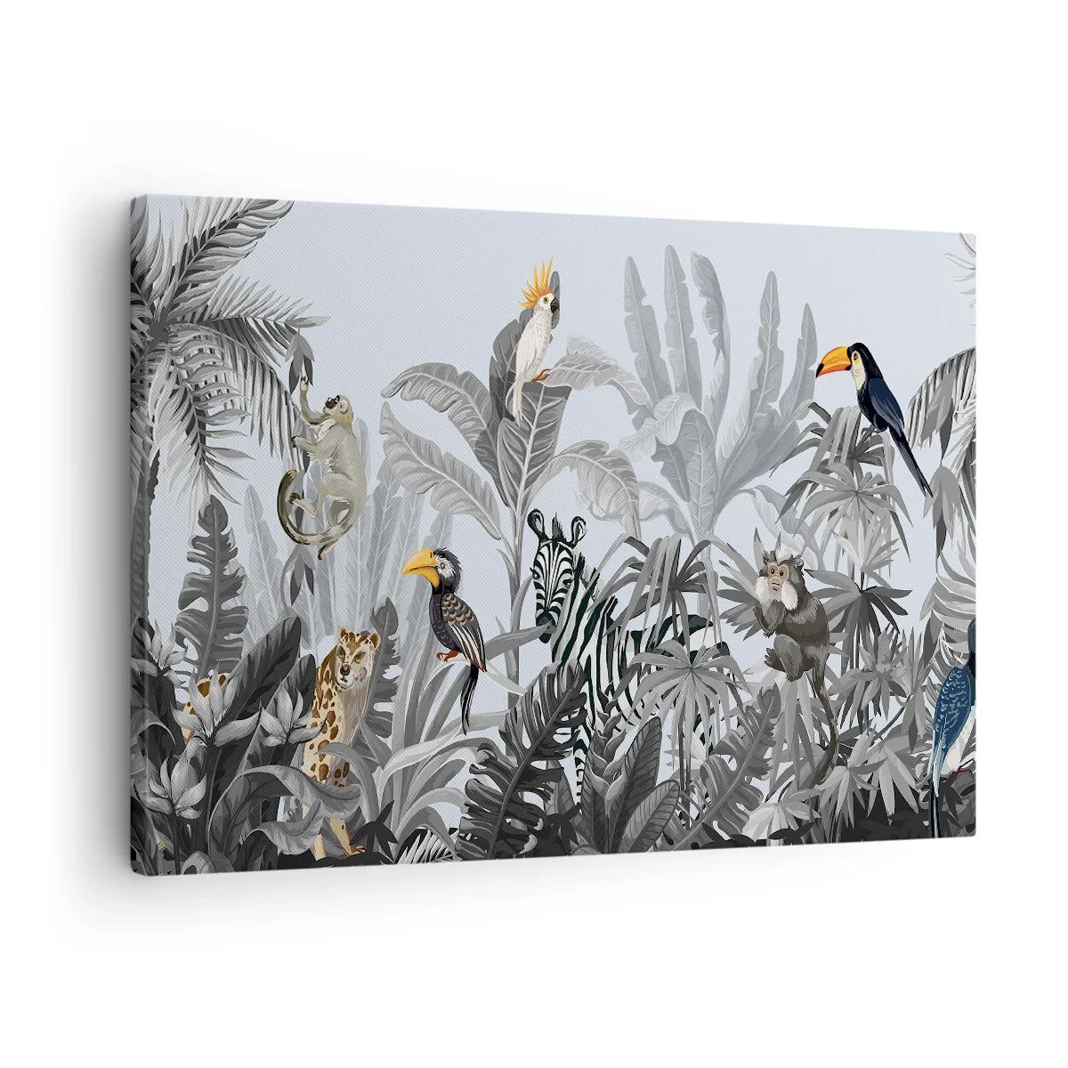 Obraz na plátně - Tropická džungle s exotickými zvířaty na šedém pozadí - 70x50cm - Africká pohádka - Moderní nástěnná dekorace do obývacího pokoje a ložnice ARTTOR