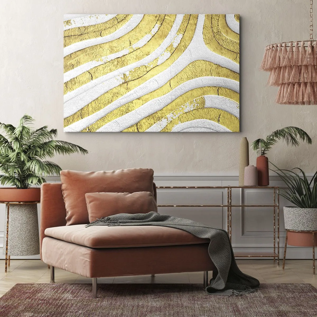 Obraz na plátně - Zlaté a bílé abstraktní čáry v 3D textuře - 70x50cm - Kompozice v bílé a zlaté - Moderní nástěnná dekorace do obývacího pokoje a ložnice ARTTOR