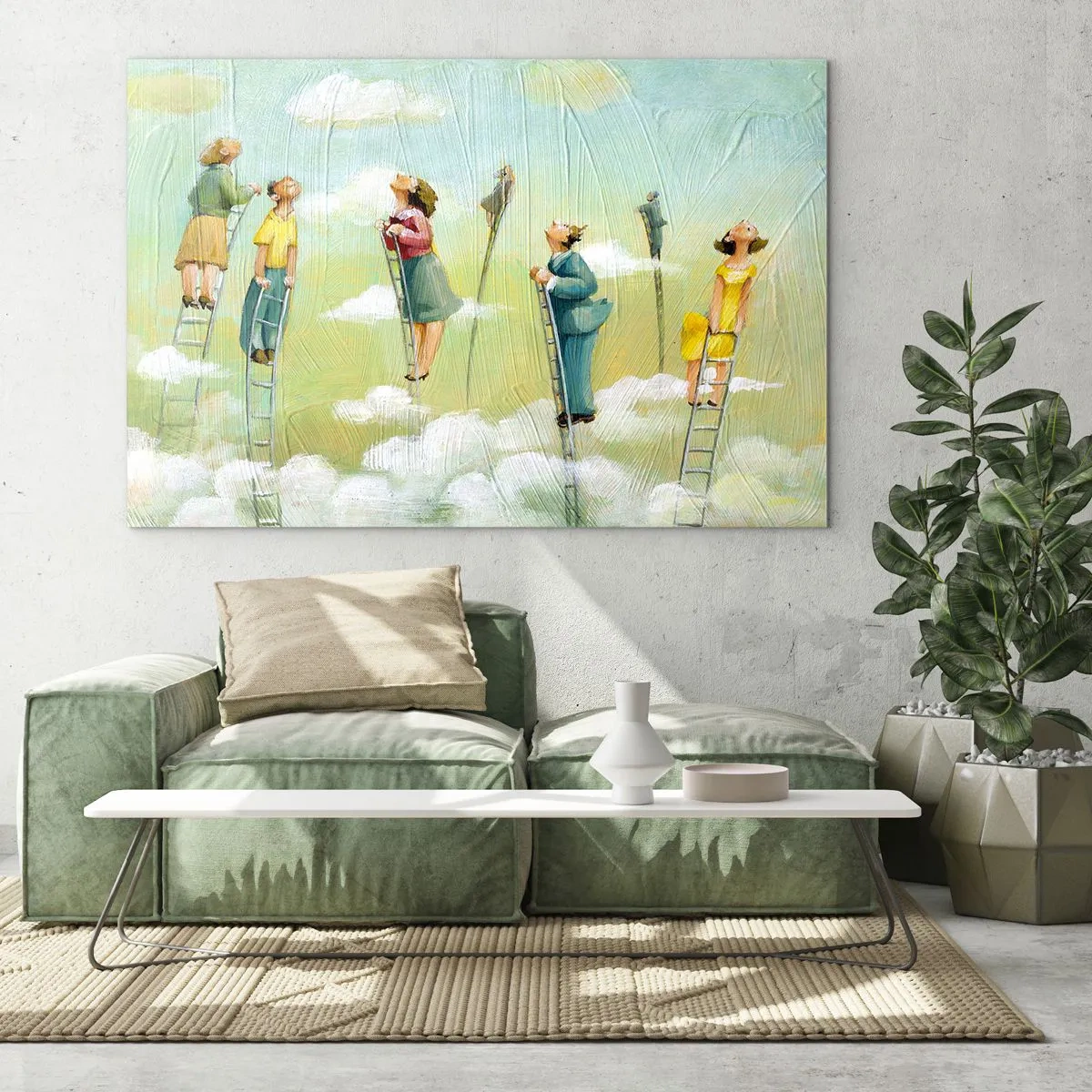 Obraz na skle - Postavy šplhající po žebřících mezi mraky - 70x50cm - Za svým snem - Moderní nástěnná dekorace do obývacího pokoje a ložnice ARTTOR