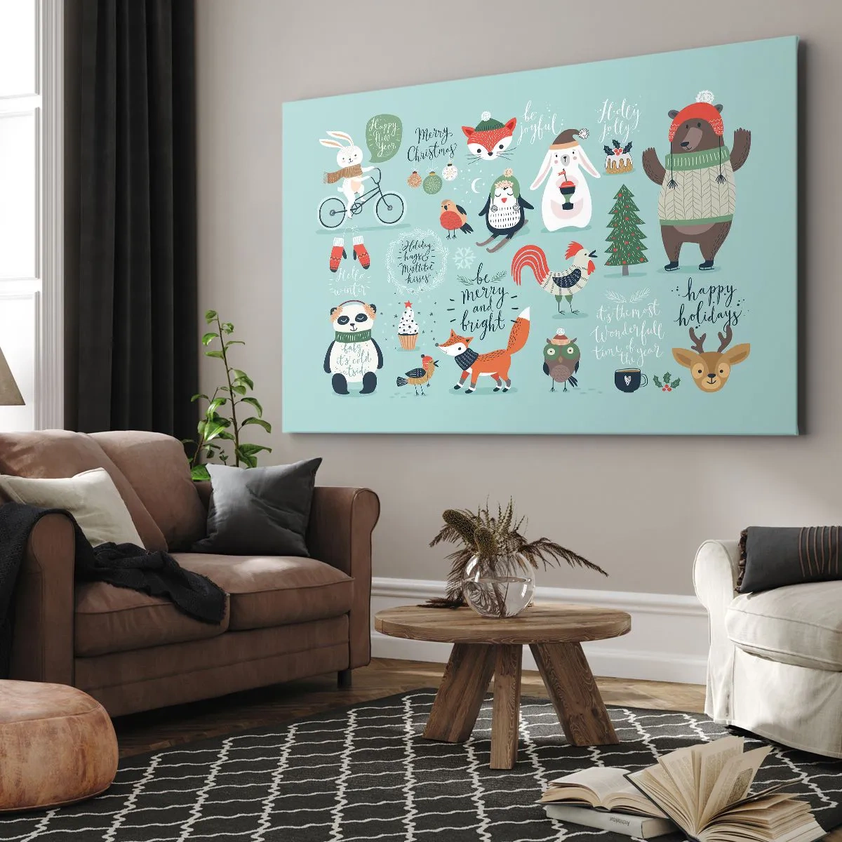 Obraz na plátně - Vánoční ilustrace zvířat v zimní atmosféře - 70x50cm - Ať jsou vždy Vánoce! - Moderní nástěnná dekorace do obývacího pokoje a ložnice ARTTOR