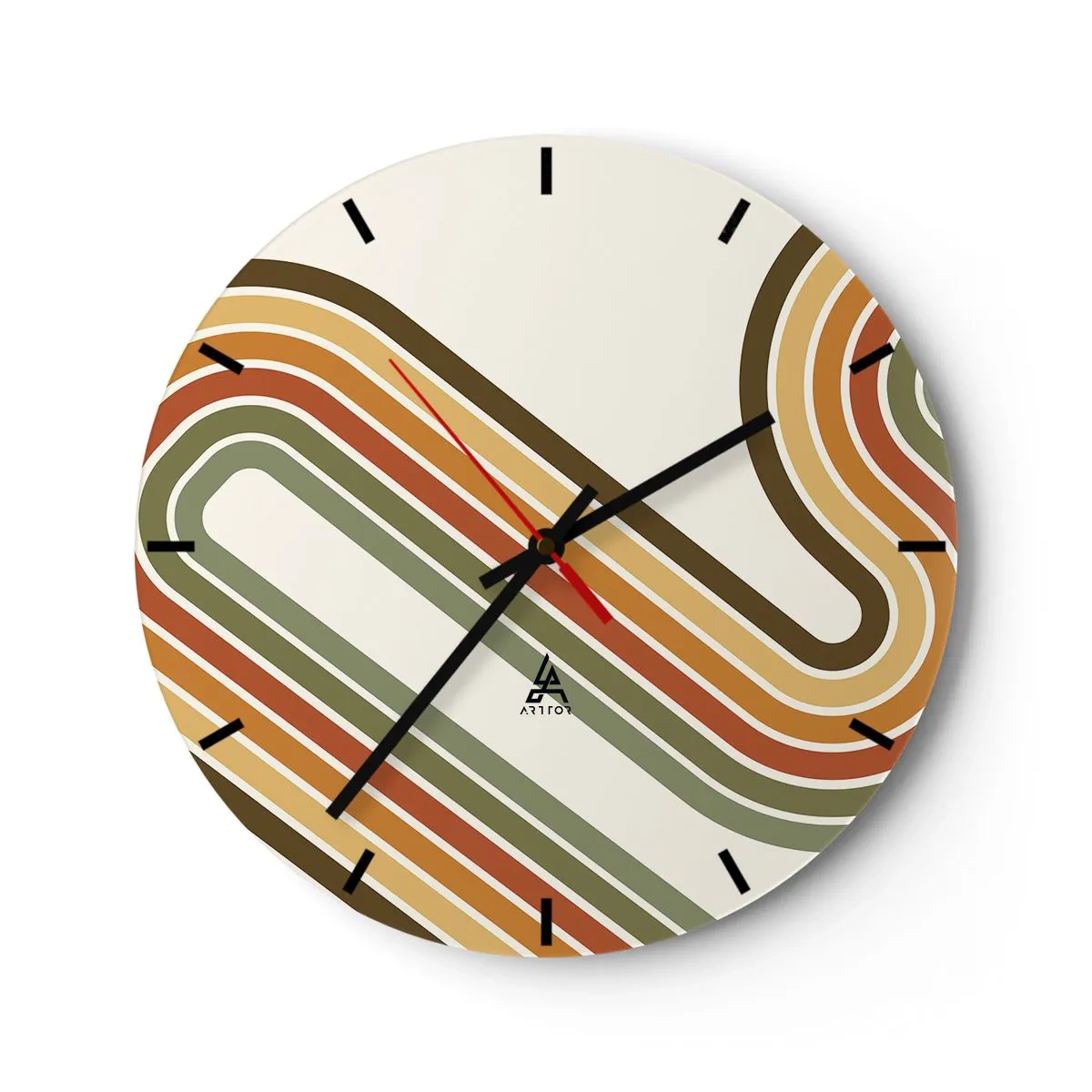 Nástěnné hodiny - Geometrické linie v retro barvách na světlém pozadí - 30x30cm - Kličkování do cíle - Moderní nástěnná dekorace do obývacího pokoje, kuchyně a ložnice ARTTOR