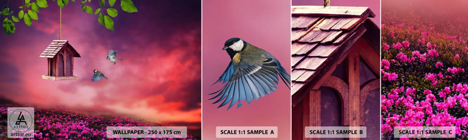 Fototapeta Vzorek Standard Eco - Pozvání na večeři - Krajina, Květiny, Ptačí budka - 100x30 cm