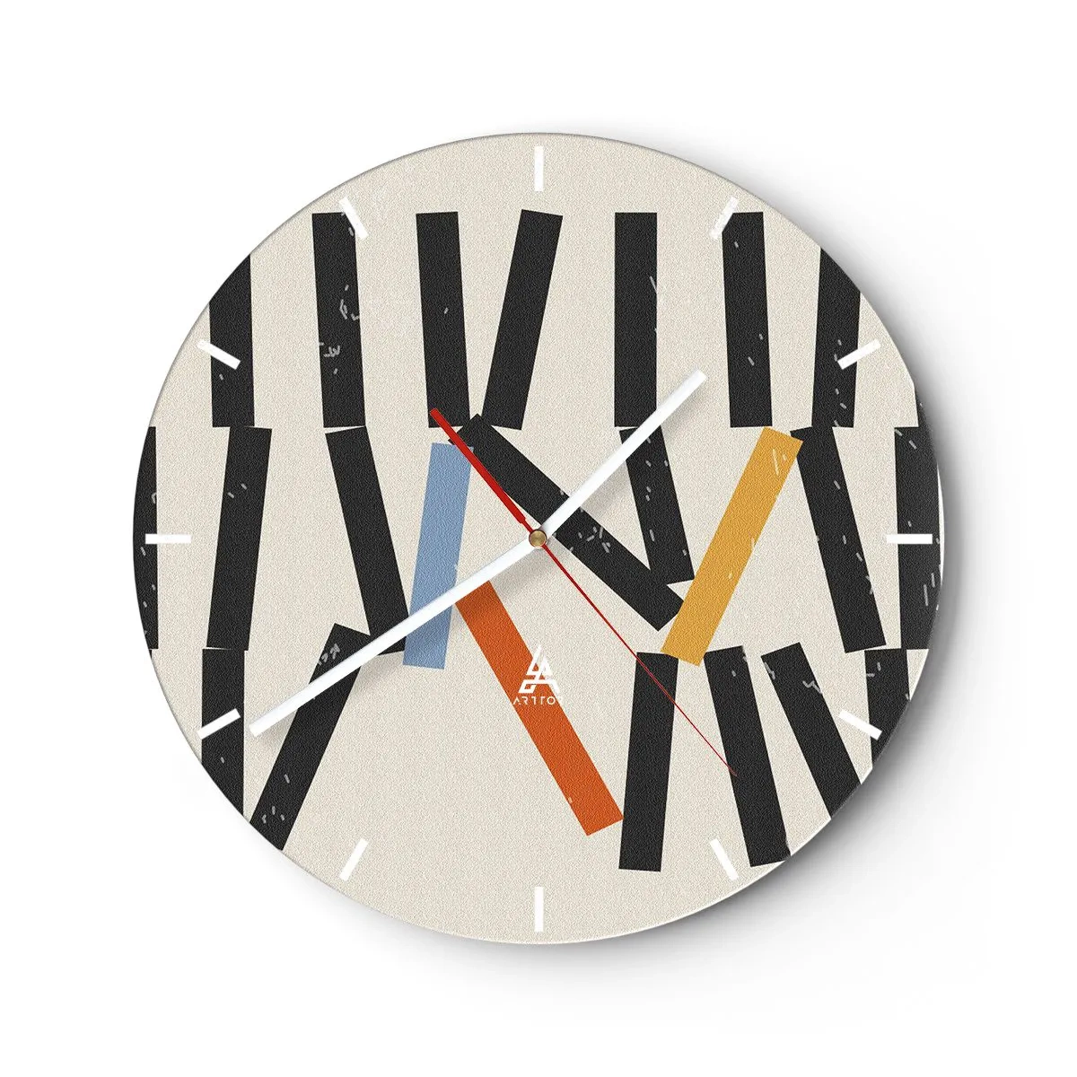 Nástěnné hodiny - Barevné a černé domino kostky na světlém pozadí v grafickém rozvržení - 30x30cm - Domino – kompozice - Moderní nástěnná dekorace do obývacího pokoje, kuchyně a ložnice ARTTOR