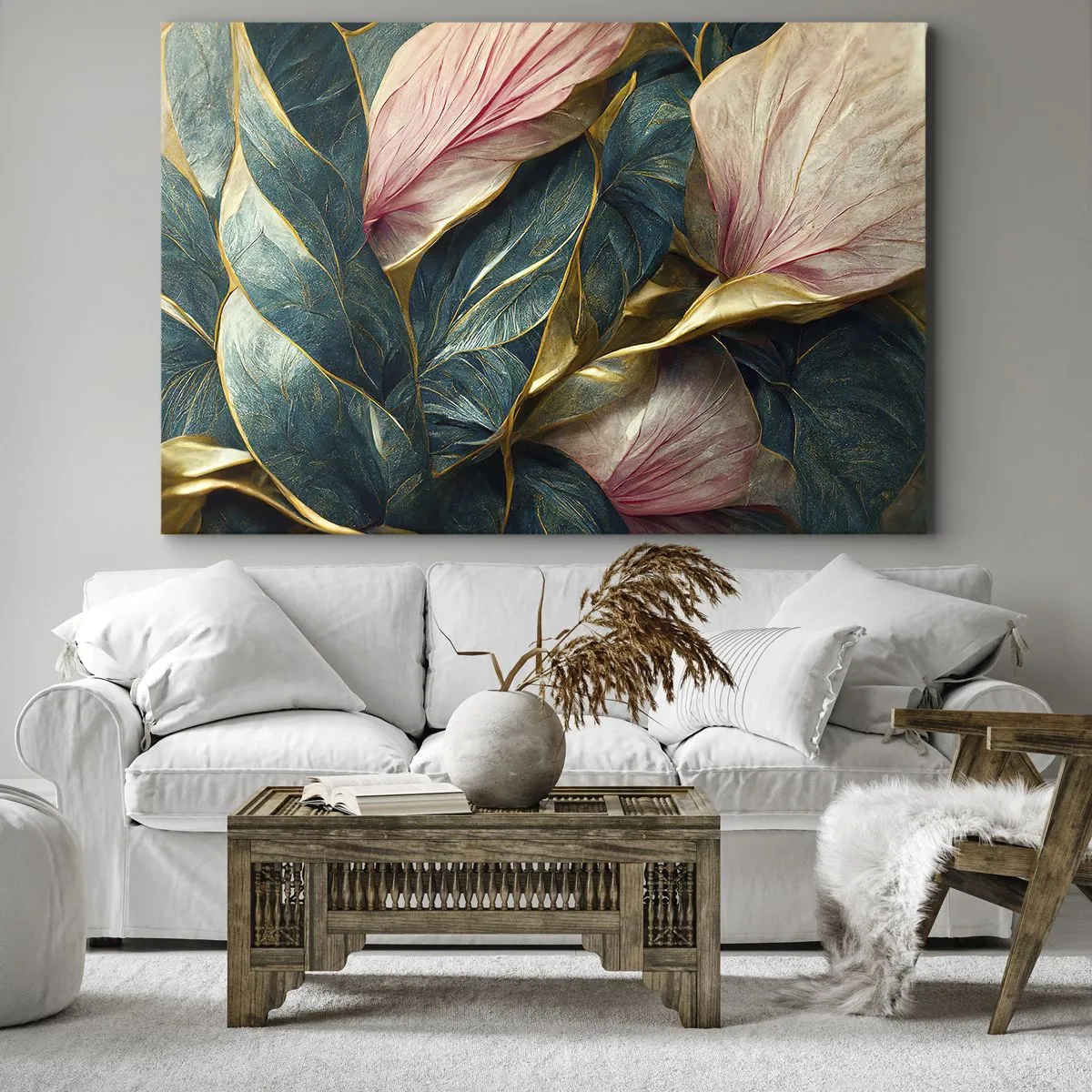 Obraz na plátně - Elegantní listy v zelené, zlaté a růžové barvě - 70x50cm - Přirozená elegance a styl - Moderní nástěnná dekorace do obývacího pokoje a ložnice ARTTOR