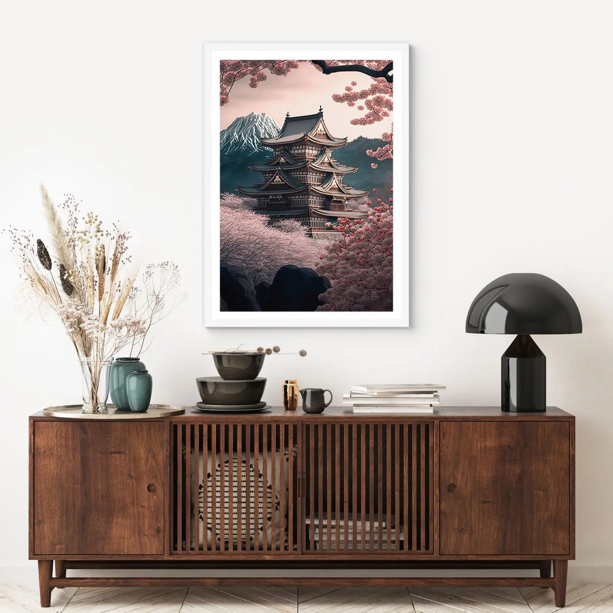 Plakát v bílém rámu - Země kvetoucích třešní - 50x70 cm