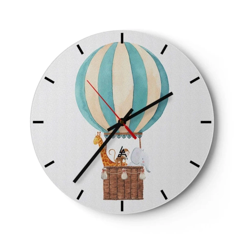 Nástěnné hodiny - Balón se žirafou a slonem vznášejícím se v oblacích - 30x30cm - Fantastický výlet - Moderní nástěnná dekorace do obývacího pokoje, kuchyně a ložnice ARTTOR