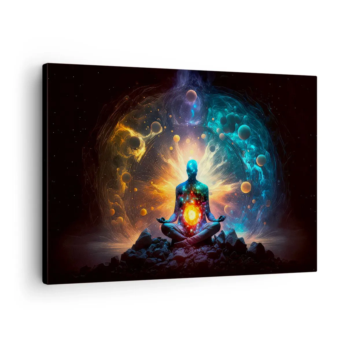 Obraz na plátně - Postava v meditaci obklopená kosmickou aurou - 70x50cm - Vesmírný klid - Moderní nástěnná dekorace do obývacího pokoje a ložnice ARTTOR