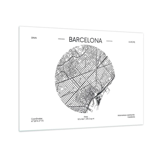 Obraz na skle - Minimalistická mapa Barcelony v černobílém provedení - 70x50cm - Anatomie Barcelony - Moderní nástěnná dekorace do obývacího pokoje a ložnice ARTTOR