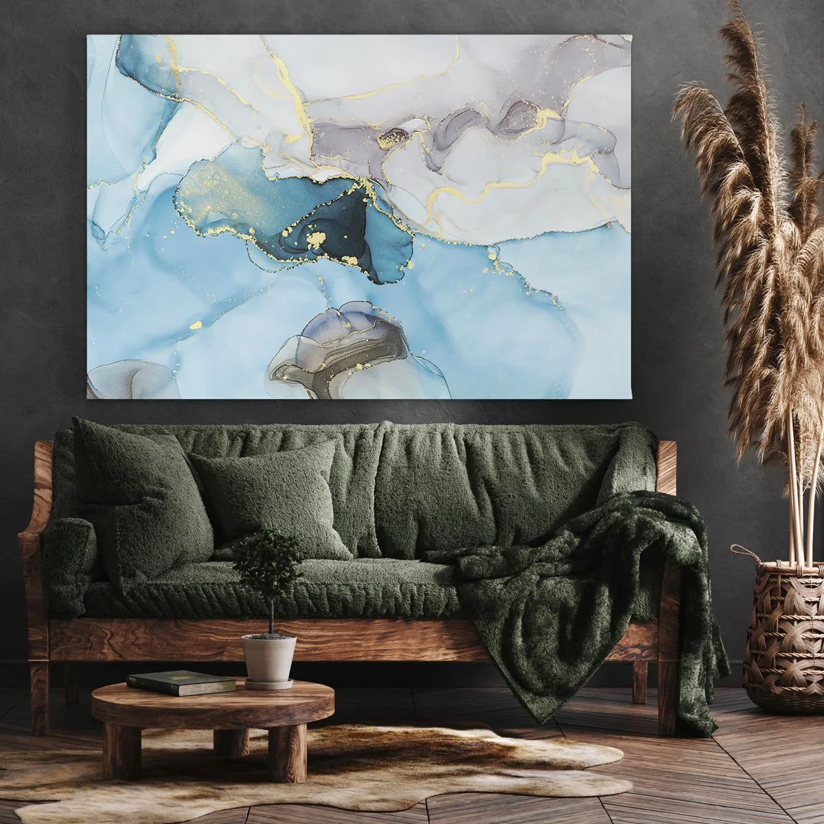 Obraz na plátně - Abstrakce v odstínech modré a zlaté s jemnými liniemi - 70x50cm - Studie o setkání šedé a tyrkysové - Moderní nástěnná dekorace do obývacího pokoje a ložnice ARTTOR