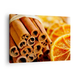 Obraz na plátně - Skořicové tyčinky se sušenými plátky pomeranče v teplých barvách - 70x50cm - Cítíte jejich aroma? - Moderní nástěnná dekorace do obývacího pokoje a ložnice ARTTOR