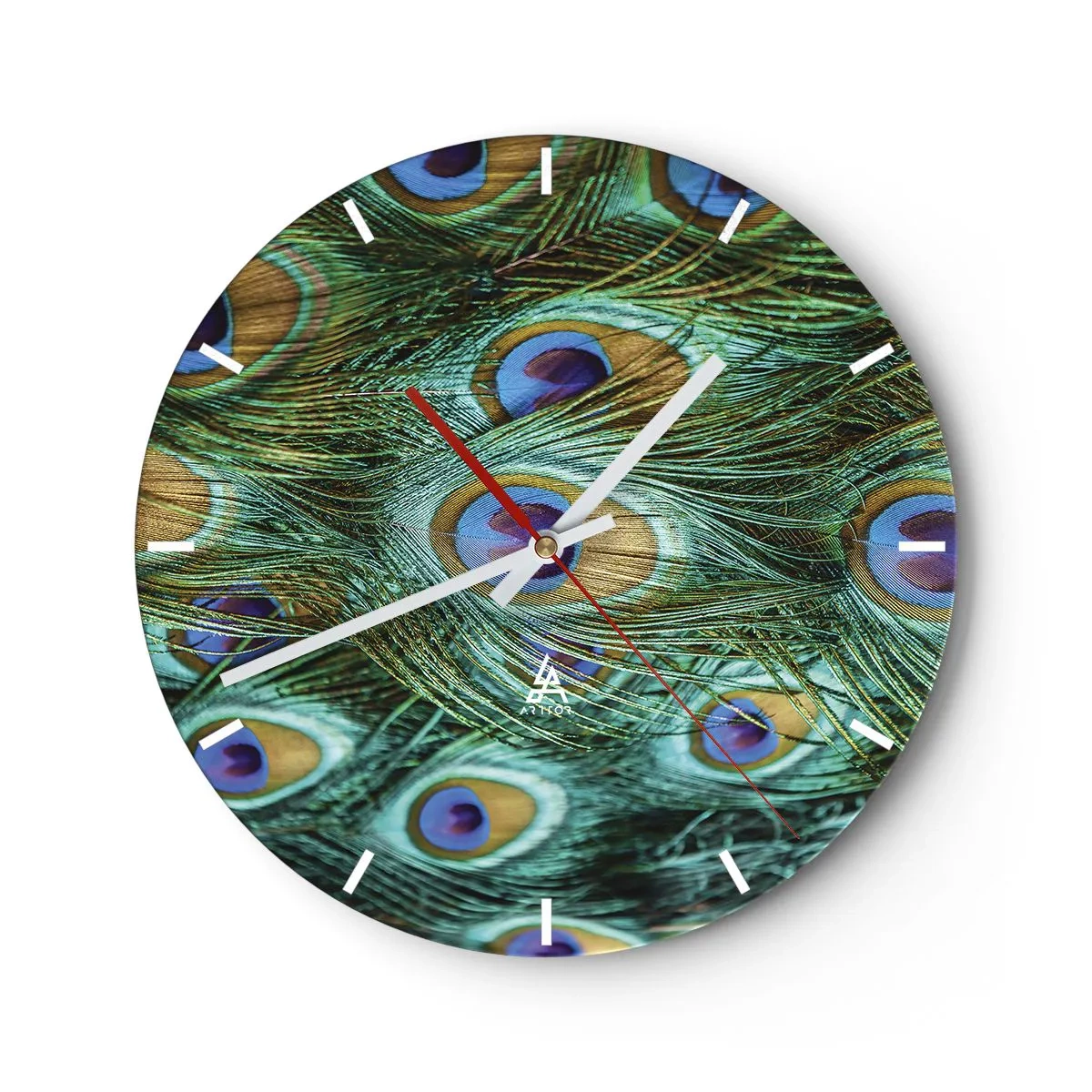 Nástěnné hodiny - Paví peří v zelených a modrých odstínech - 30x30cm - Paví pohled - Moderní nástěnná dekorace do obývacího pokoje, kuchyně a ložnice ARTTOR