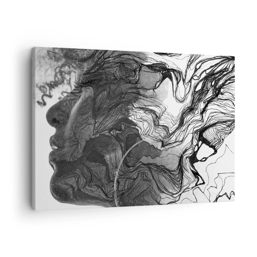 Obraz na plátně - Abstraktní obličej v černé a bílé s dynamickými liniemi. - 70x50cm - Zapletená ve snech - Moderní nástěnná dekorace do obývacího pokoje a ložnice ARTTOR
