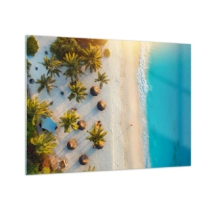 Obraz na skle - Letecký pohled na tropickou pláž s palmami a slunečníky - 70x50cm - Vítej v ráji - Moderní nástěnná dekorace do obývacího pokoje a ložnice ARTTOR