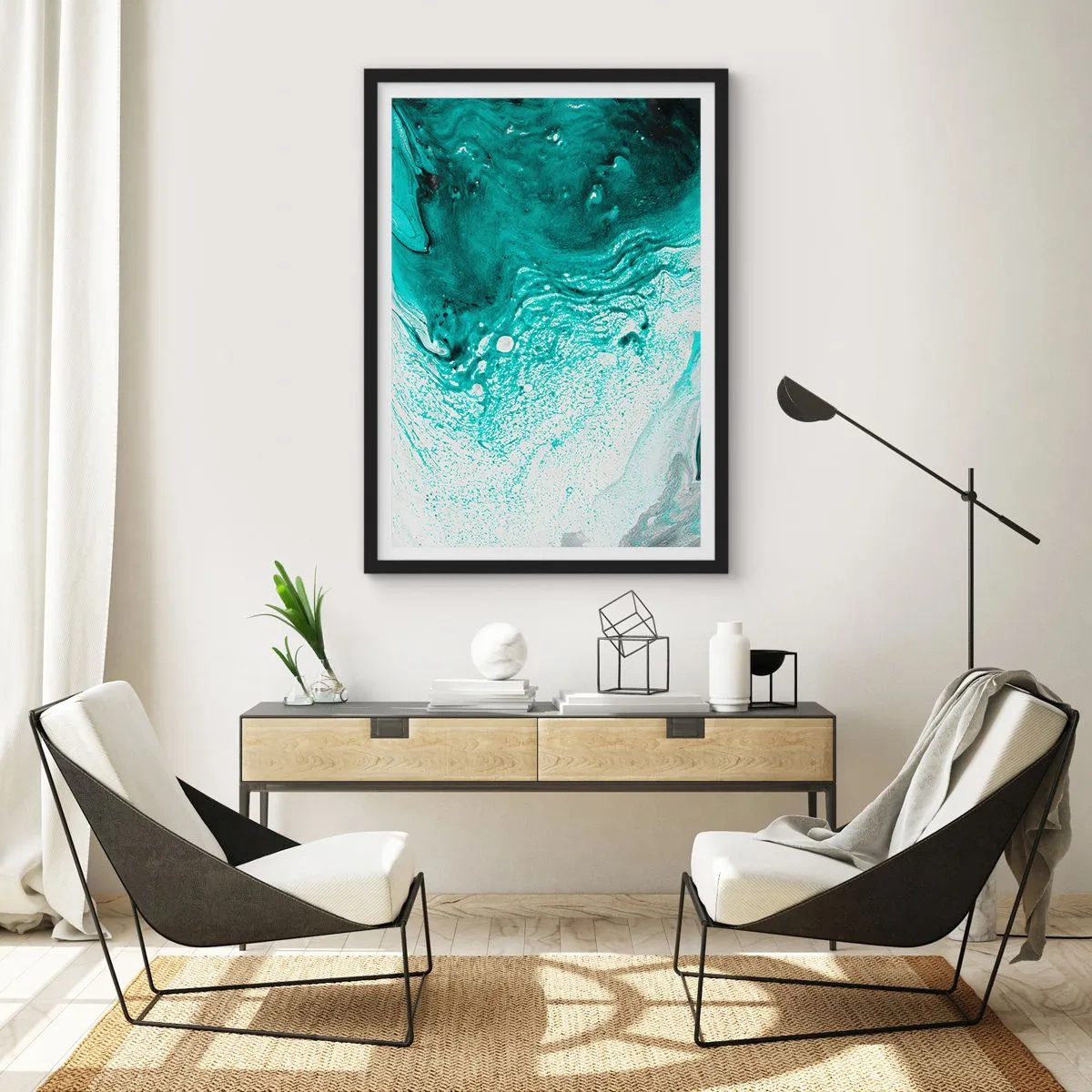 Plakát v černém rámu - Abstraktní vzor v tyrkysové a bílé barvě - 50x70cm - Propadnout v bílé a tyrkysové - Moderní nástěnná dekorace do obývacího pokoje a ložnice ARTTOR