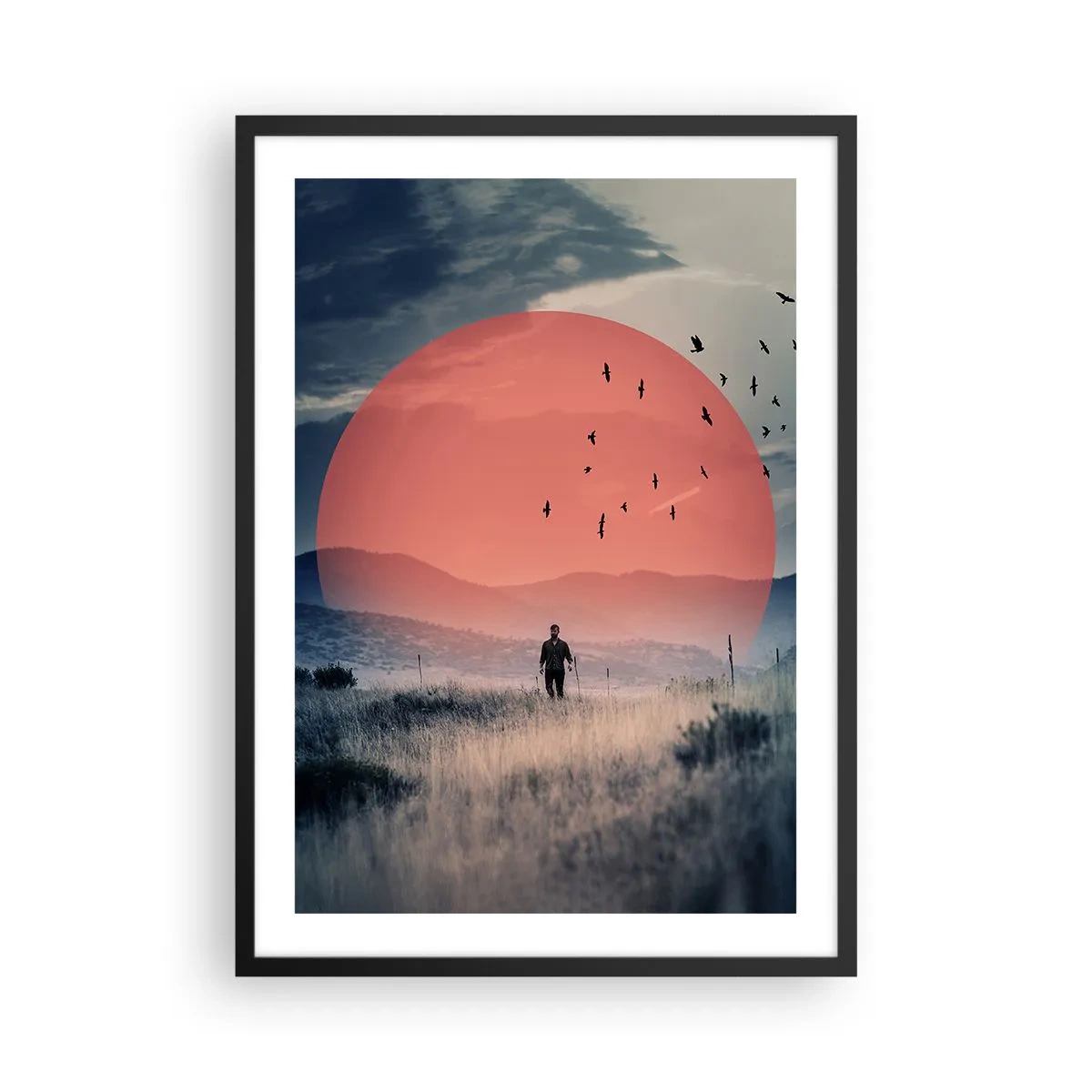 Plakát v černém rámu - Muž procházející se polem proti rudému slunci - 50x70cm - Ve svém živlu - Moderní nástěnná dekorace do obývacího pokoje a ložnice ARTTOR