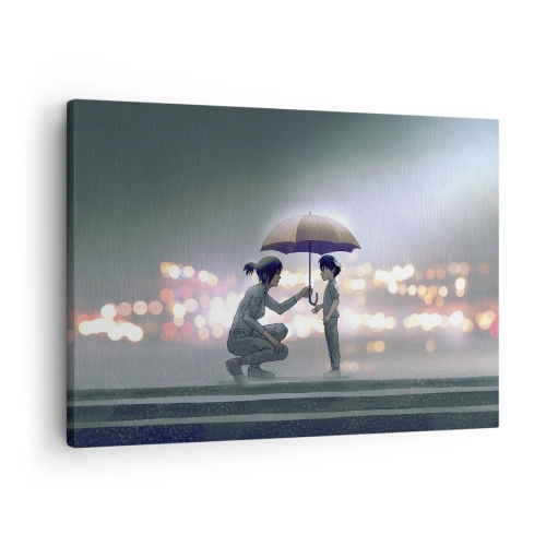 Obraz na plátně - Postava s deštníkem chránící dítě před pozadím nočních světel. - 70x50cm - A vše je v pořádku - Moderní nástěnná dekorace do obývacího pokoje a ložnice ARTTOR
