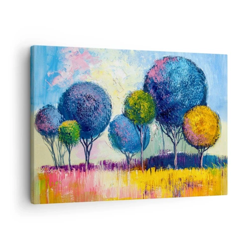 Obraz na plátně - Barevné stromy ve tvaru koule na pozadí krajiny - 70x50cm - Koule - tvar ideálu - Moderní nástěnná dekorace do obývacího pokoje a ložnice ARTTOR