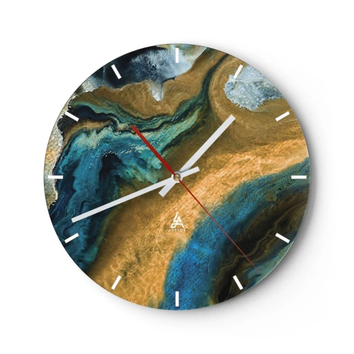 Nástěnné hodiny - Abstraktní vzor v odstínech modré a zlaté - 30x30cm - Modrá – žlutá – vzájemné vlivy - Moderní nástěnná dekorace do obývacího pokoje, kuchyně a ložnice ARTTOR