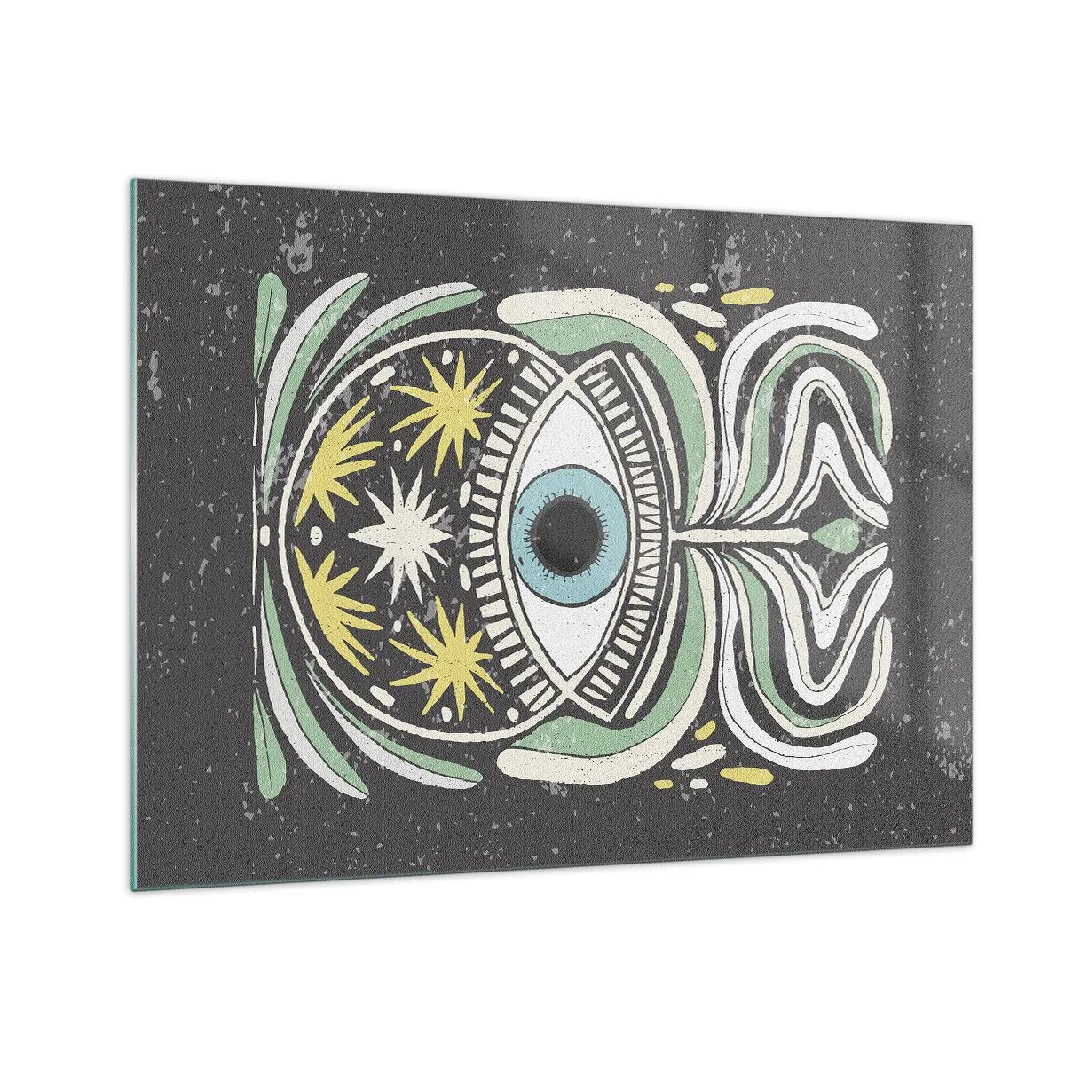 Obraz na skle - Grafické oko s kmenovou ornamentikou na tmavém pozadí - 70x50cm - Kmenové rituály - Moderní nástěnná dekorace do obývacího pokoje a ložnice ARTTOR