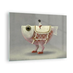 Obraz na skle - Postava jedoucí na růžové rybě s nohama a sedlem - 70x50cm - Rybí jezdec - Moderní nástěnná dekorace do obývacího pokoje a ložnice ARTTOR