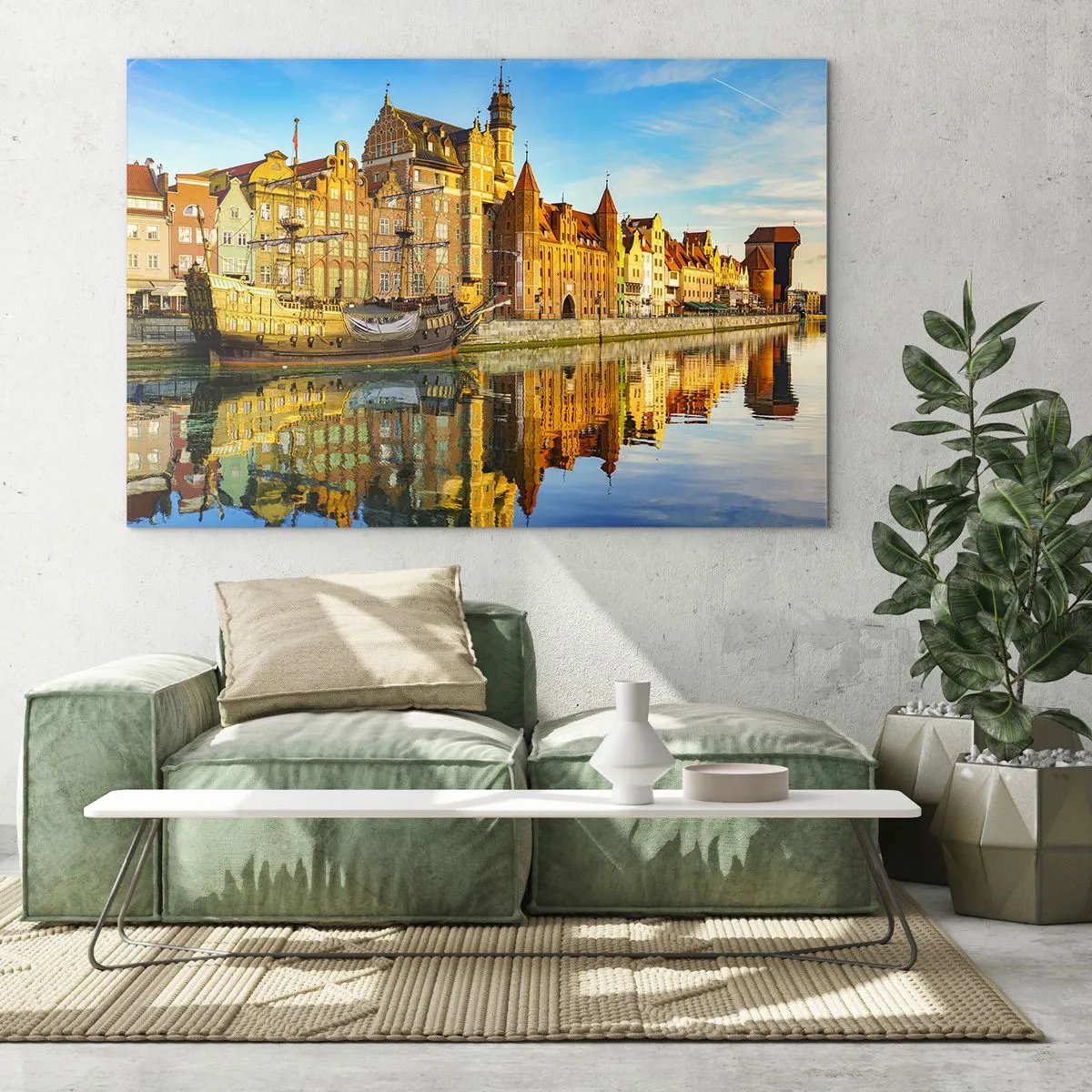 Obraz na skle - Staré Město v Gdaňsku s odrazem ve vodě - 70x50cm - Zrcadlový odraz minulosti - Moderní nástěnná dekorace do obývacího pokoje a ložnice ARTTOR