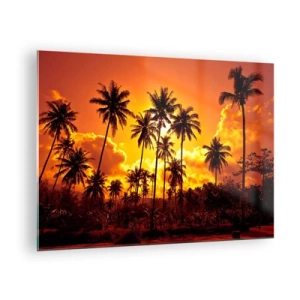 Obraz na skle - Palmy na pozadí ohnivého západu slunce - 70x50cm - Hoří hory, hoří lesy - Moderní nástěnná dekorace do obývacího pokoje a ložnice ARTTOR