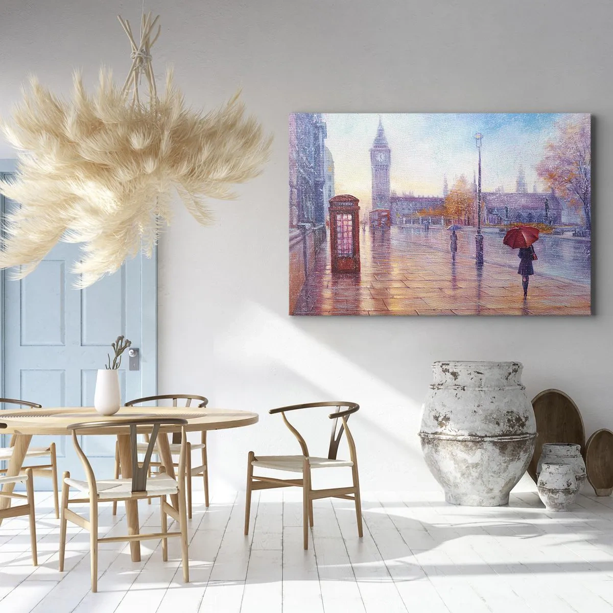 Obraz na plátně - Londýnská ulice s Big Benem v deštivý den - 70x50cm - Londýnský podzimní den - Moderní nástěnná dekorace do obývacího pokoje a ložnice ARTTOR