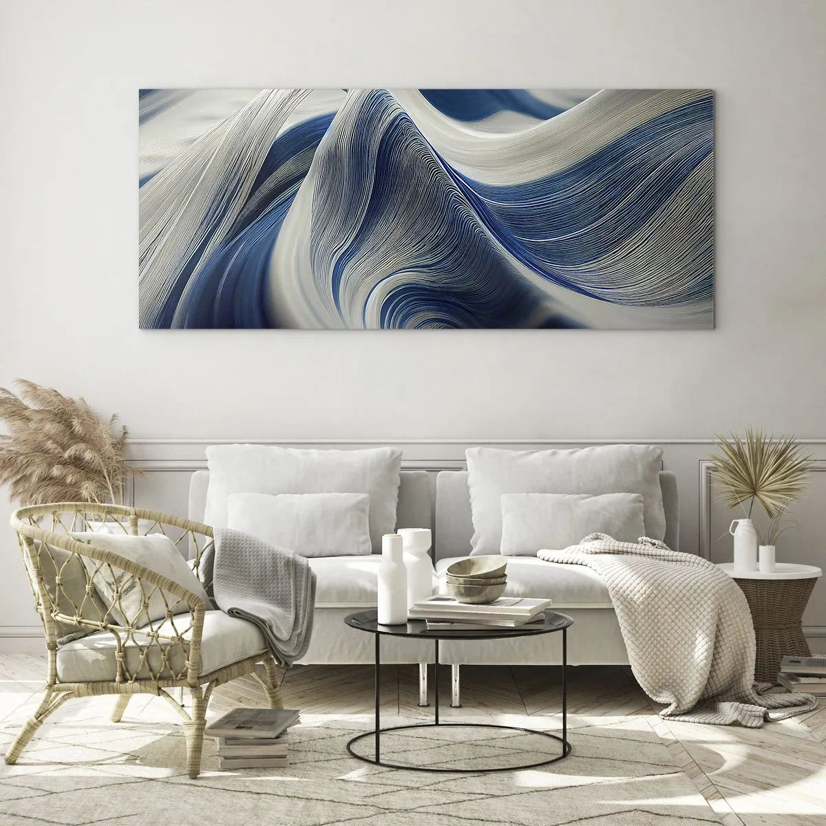 Obraz na skle - Plynulost modré a bílé - 100x40 cm