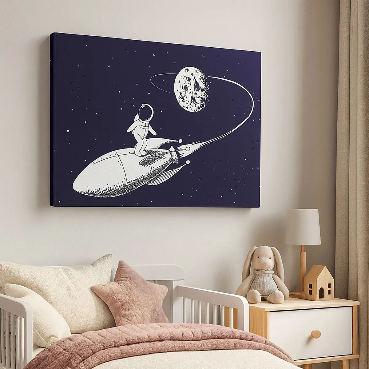 Obraz na plátně - Astronaut na raketě ve vesmíru - 70x50cm - Vesmírný surfing - Moderní nástěnná dekorace do obývacího pokoje a ložnice ARTTOR