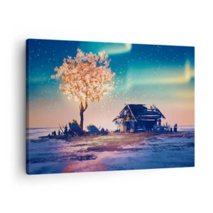 Obraz na plátně - Dům a kvetoucí strom pod noční oblohou - 70x50cm - Příroda nepomíjí - Moderní nástěnná dekorace do obývacího pokoje a ložnice ARTTOR